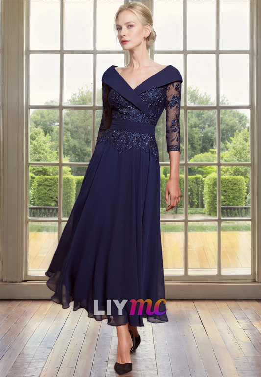 Off-Shoulder Long Sleeves Appliques Pleated Chiffon A-Line Mother of Bride Dress Cocktail Dress