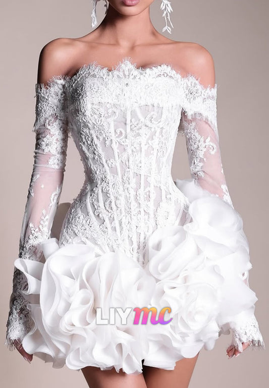 Off-Shoulder Long Sleeves Appliques Ruffled A-Line Short Wedding Dress