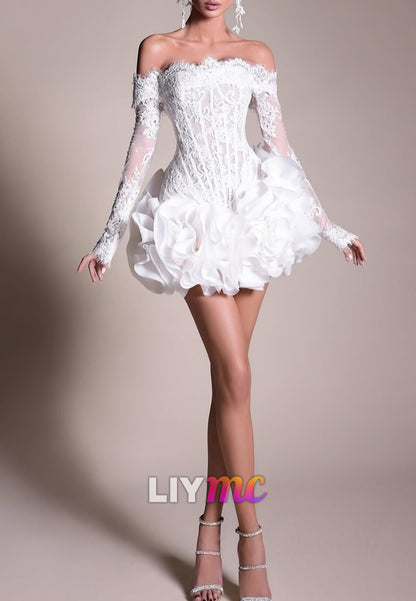 Off-Shoulder Long Sleeves Appliques Ruffled A-Line Short Wedding Dress