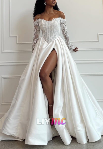 Off-Shoulder Long Sleeves Appliques Satin A-Line Wedding Dress