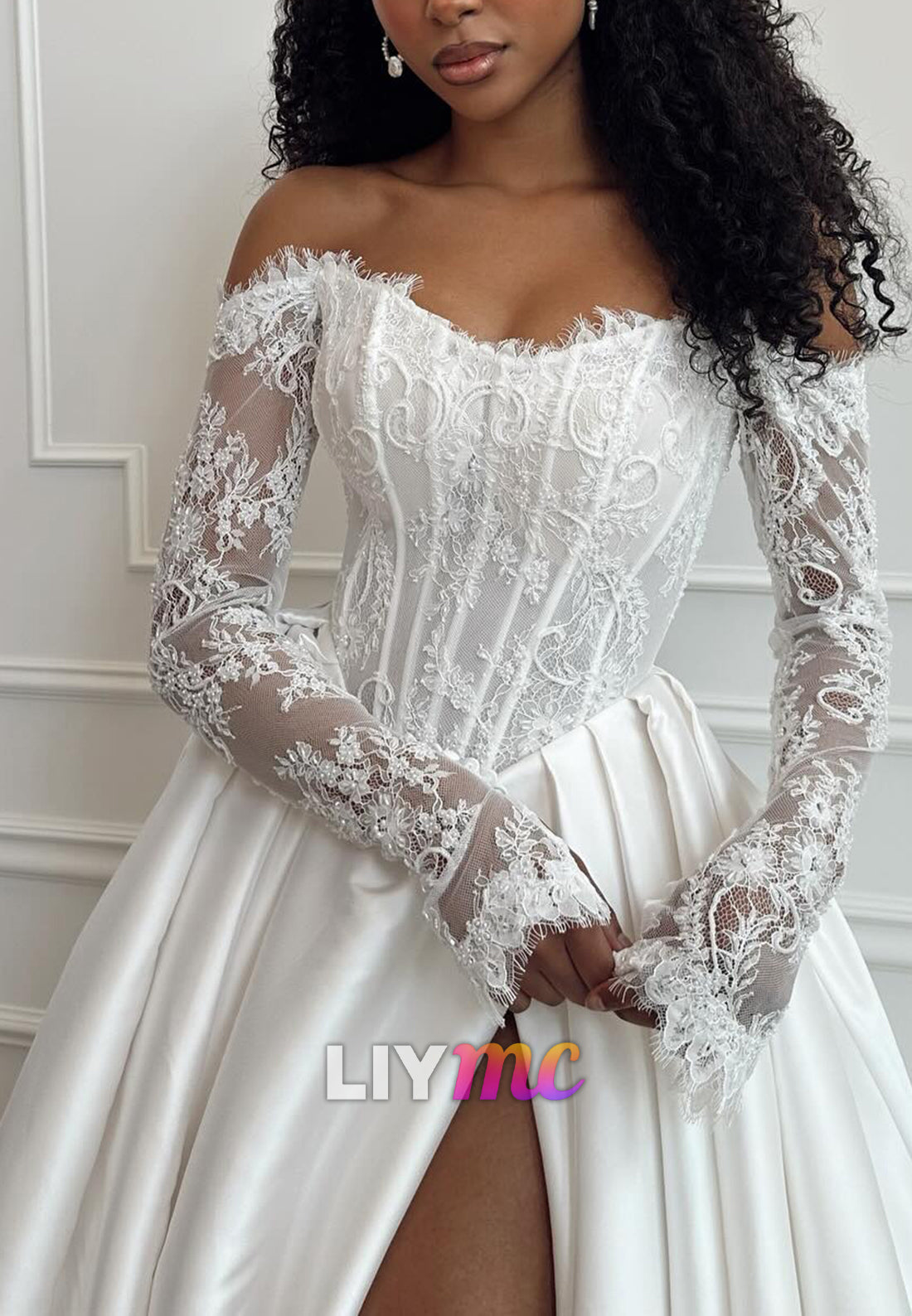 Off-Shoulder Long Sleeves Appliques Satin A-Line Wedding Dress