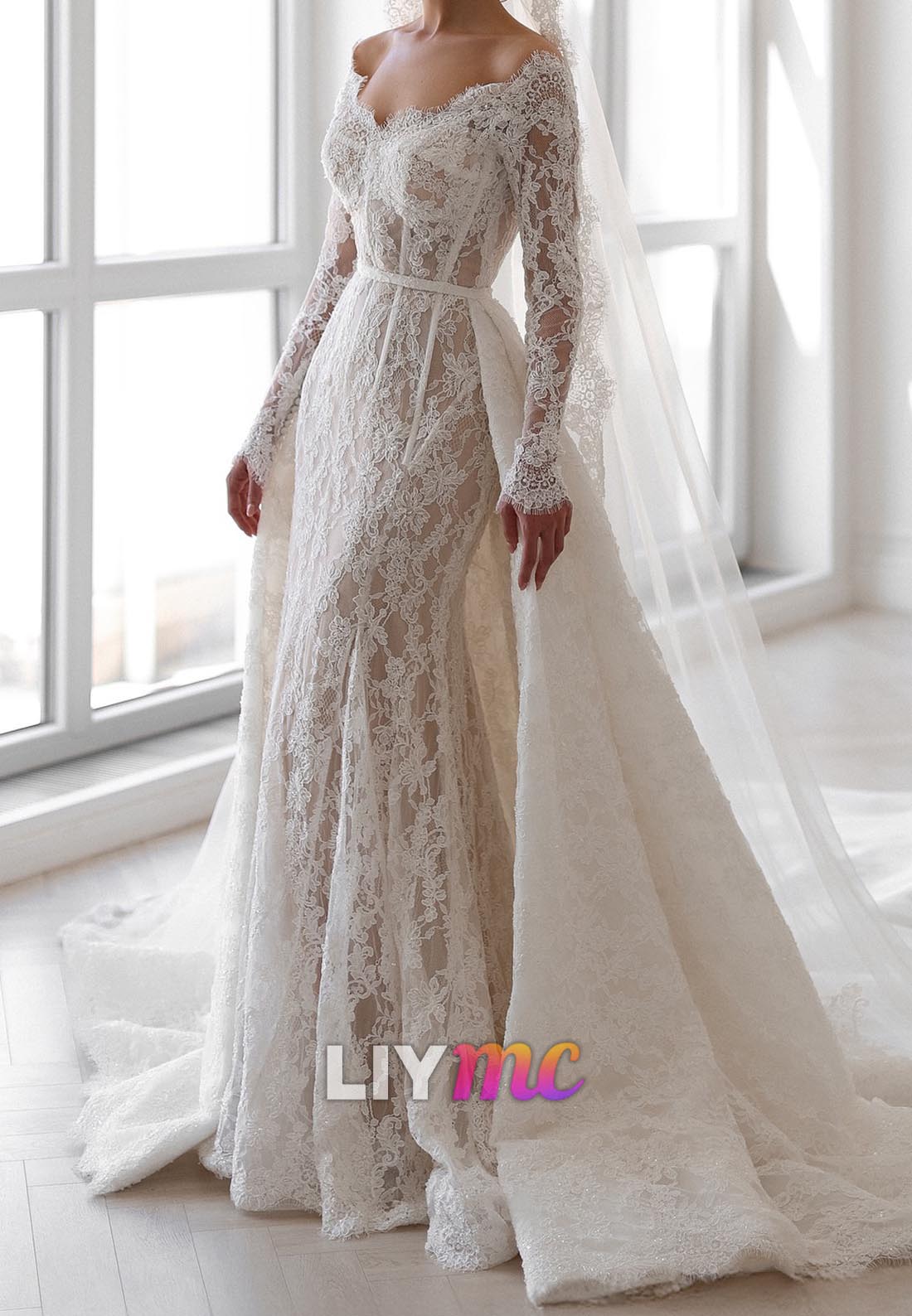 Off-Shoulder Long Sleeves Appliques Sheath Wedding Dress