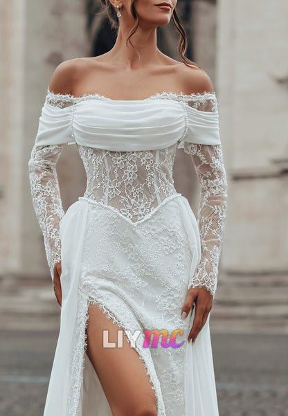 Off-Shoulder Long Sleeves Appliques Sheath Wedding Dress