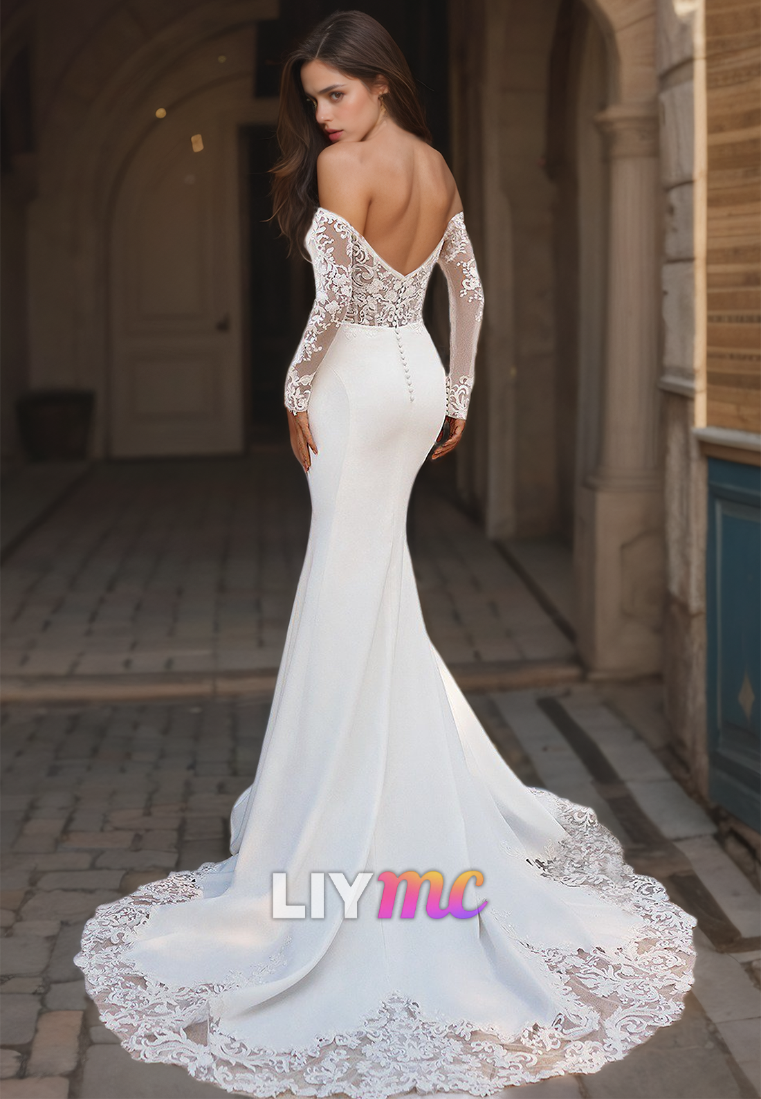 Off-Shoulder Long Sleeves Appliques Sleek Mermaid Wedding Dress