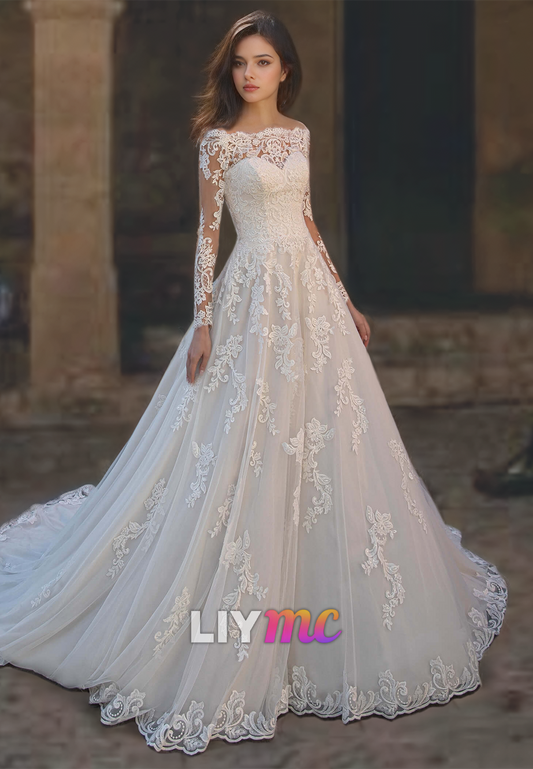 Off-Shoulder Long Sleeves Appliques Tulle A-Line Wedding Dress