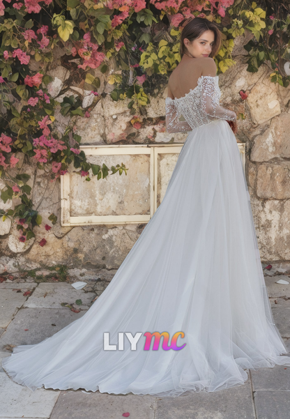 LW090 - A Line Off Shoulder Long Sleeves Appliqued Sequins Tulle Long Wedding Dress