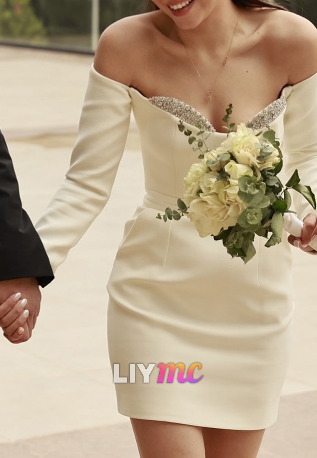 Off-Shoulder Long Sleeves Beaded A-Line Short Satin Wedding Dress