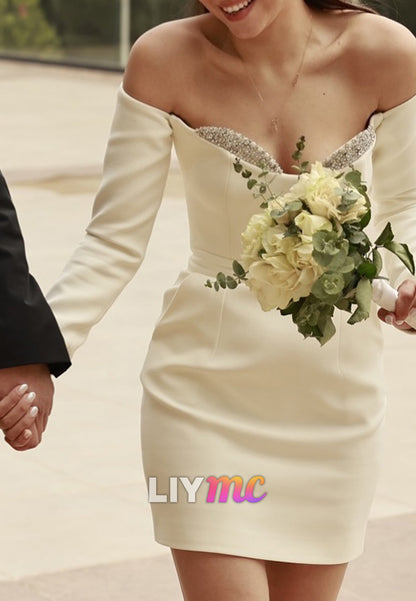 Off-Shoulder Long Sleeves Beaded A-Line Short Satin Wedding Dress