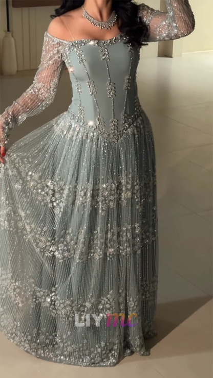 Off-Shoulder Long Sleeves Beaded Embroidery A-Line Evening Dress