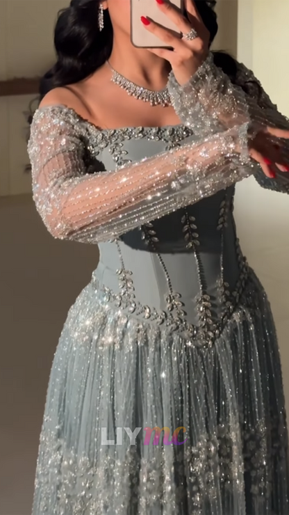 Off-Shoulder Long Sleeves Beaded Embroidery A-Line Evening Dress