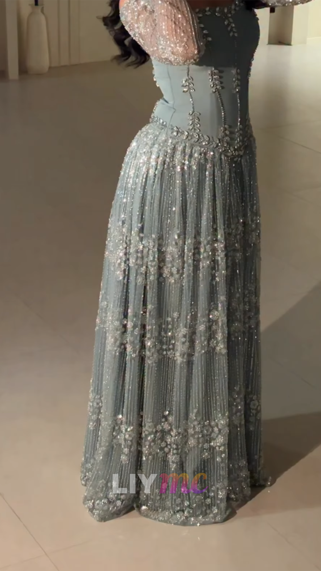 Off-Shoulder Long Sleeves Beaded Embroidery A-Line Evening Dress