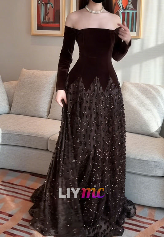 Off-Shoulder Long Sleeves Beaded Embroidery A-Line Evening Dress
