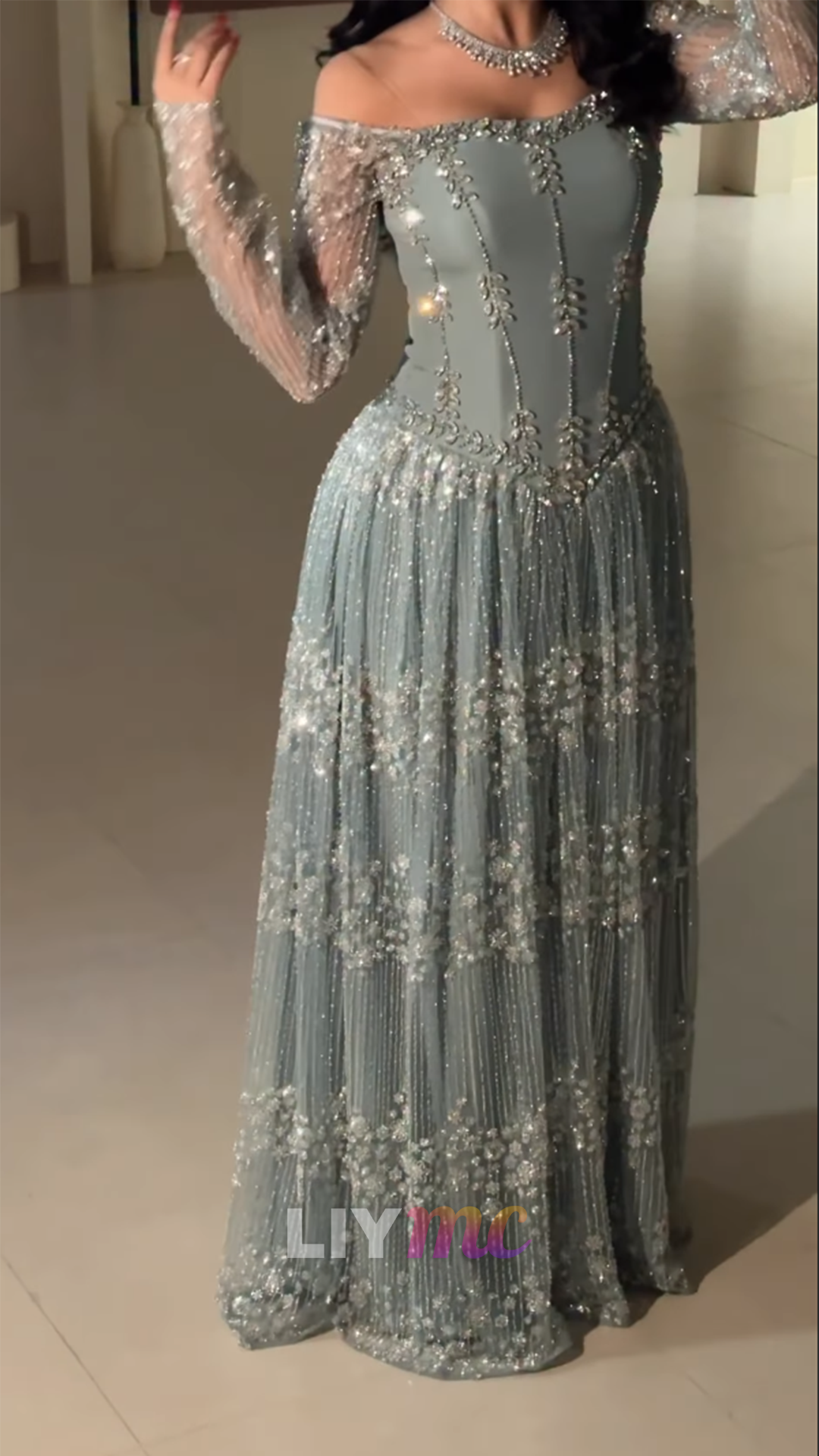 Off-Shoulder Long Sleeves Beaded Embroidery A-Line Evening Dress