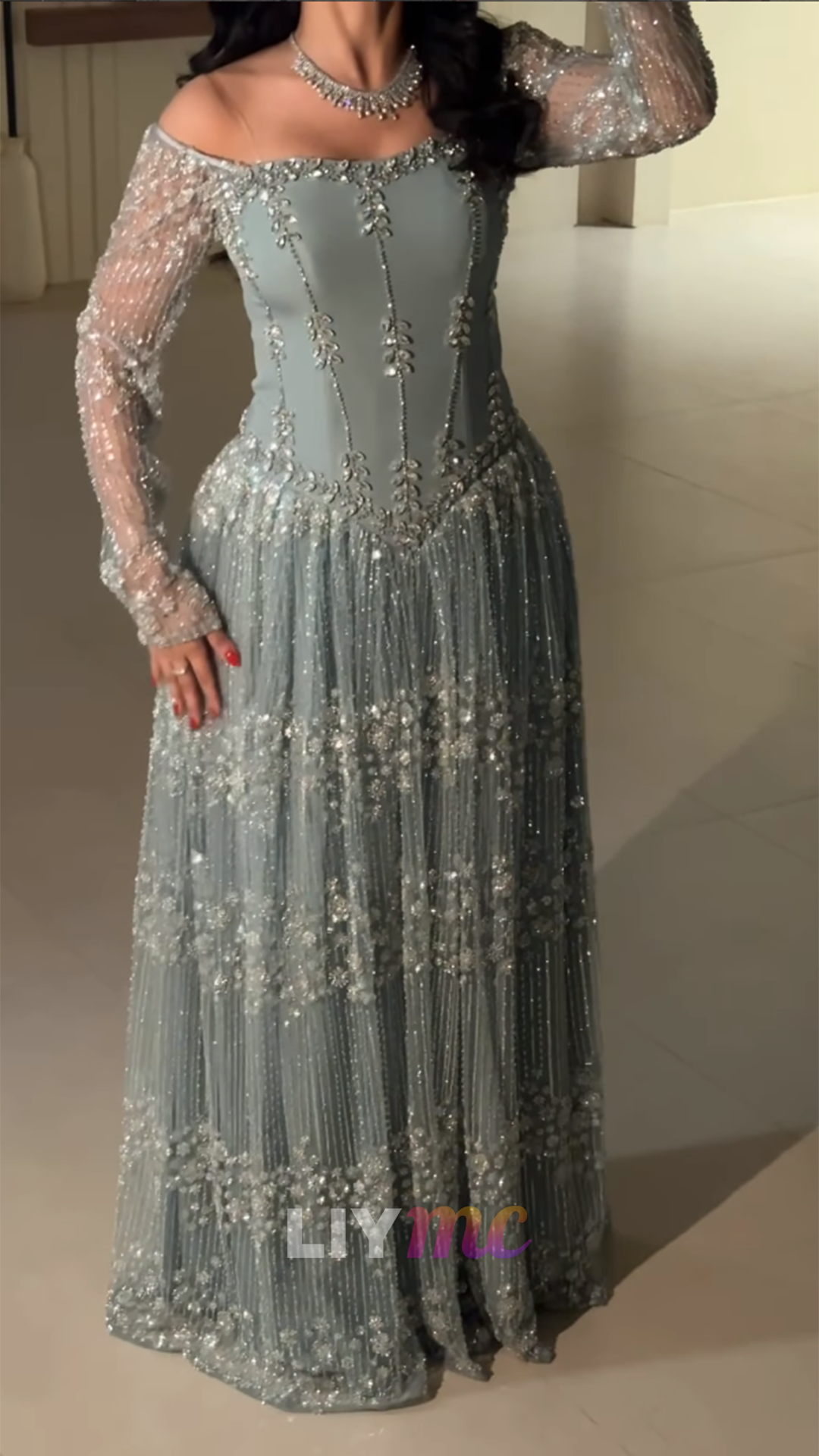 Off-Shoulder Long Sleeves Beaded Embroidery A-Line Evening Dress