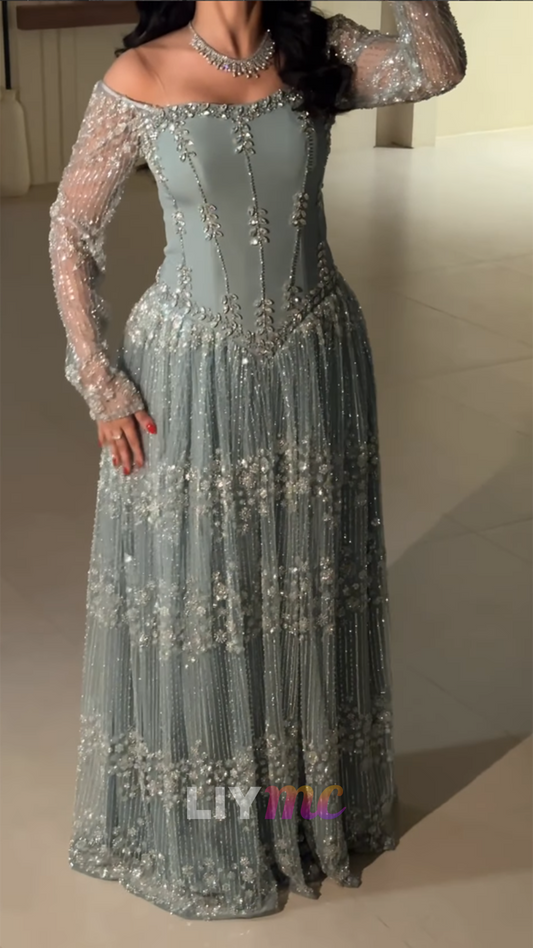 Off-Shoulder Long Sleeves Beaded Embroidery A-Line Evening Dress