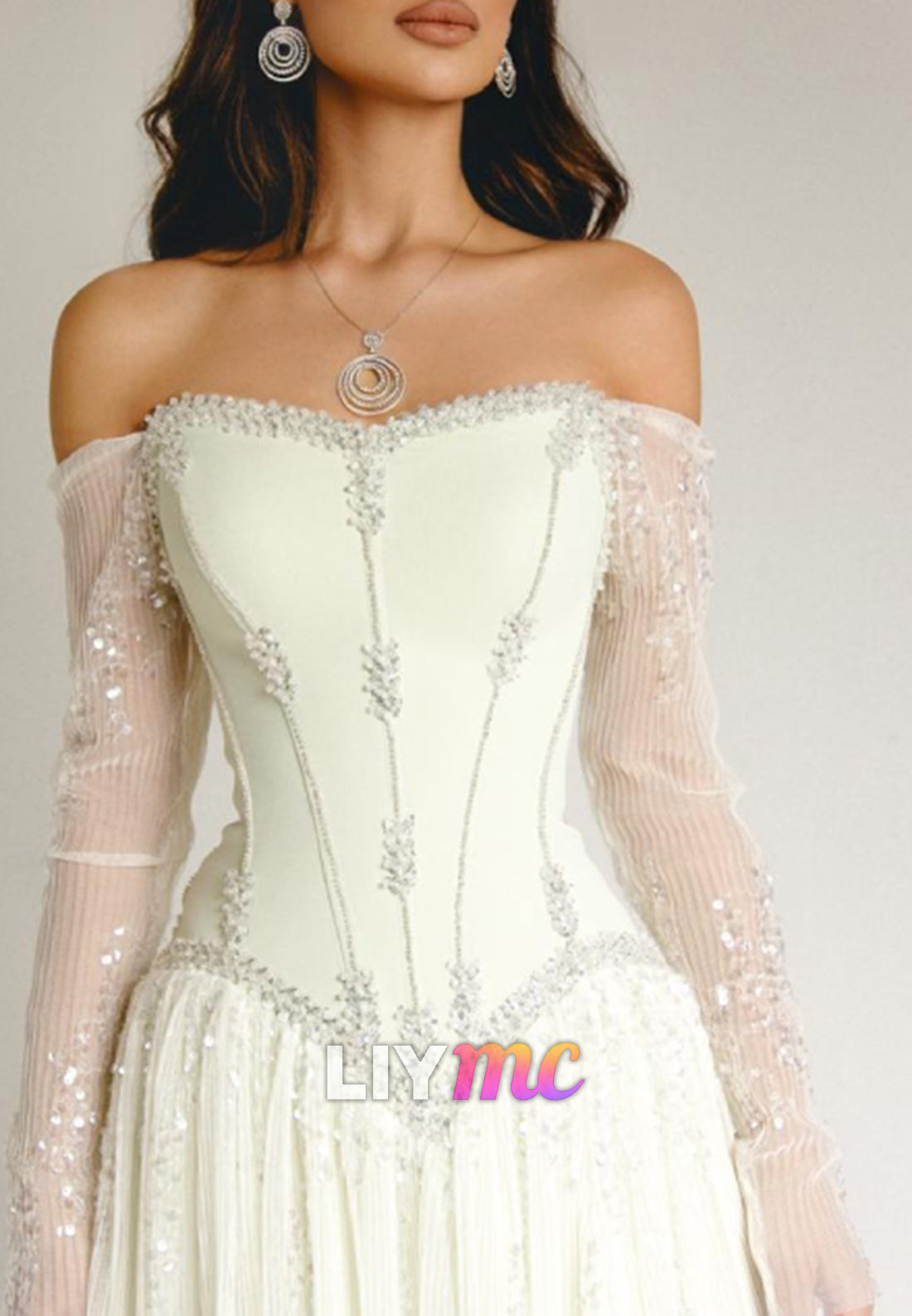 Off-Shoulder Long Sleeves Beaded Embroidery A-Line Prom Dress