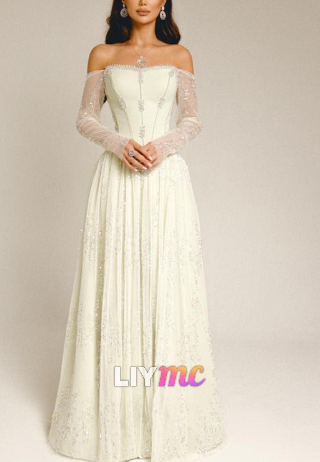 Off-Shoulder Long Sleeves Beaded Embroidery A-Line Prom Dress