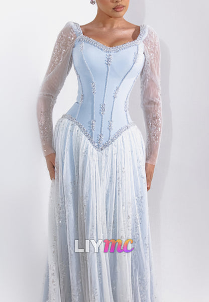 Off-Shoulder Long Sleeves Beaded Embroidery A-Line Prom Dress