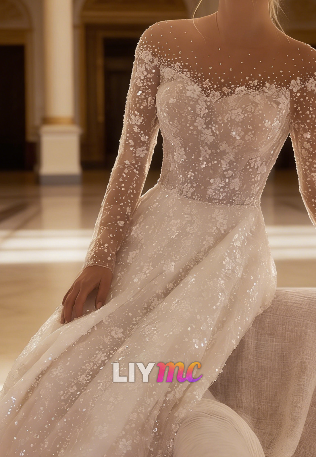 Off-Shoulder Long Sleeves Beaded Embroidery A-Line Wedding Dress