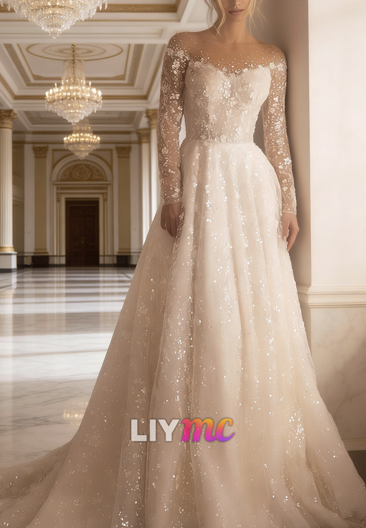 Off-Shoulder Long Sleeves Beaded Embroidery A-Line Wedding Dress