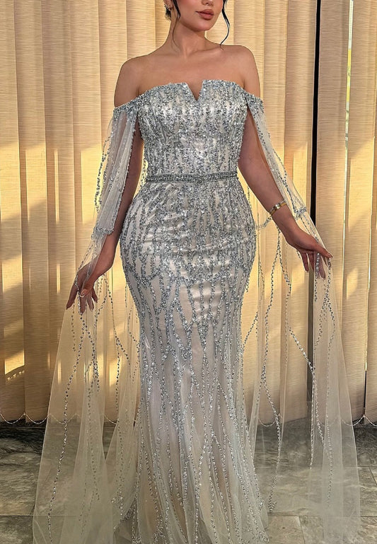 Off-Shoulder Long Sleeves Beaded Embroidery Mermaid Evening Dress