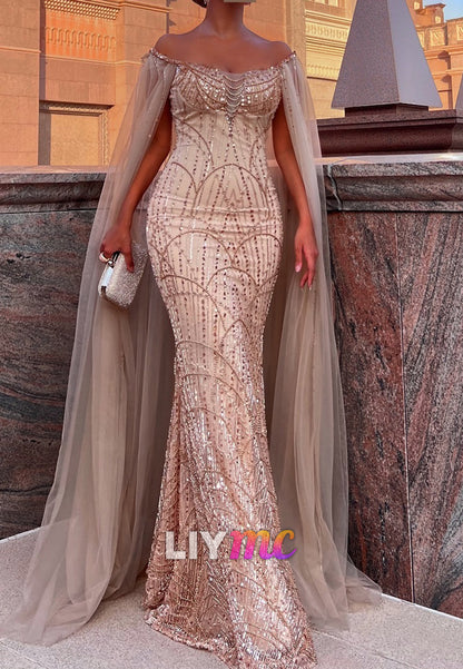 Off-Shoulder Long Sleeves Beaded Embroidery Mermaid Evening Dress