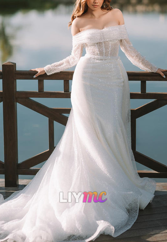 Off-Shoulder Long Sleeves Beaded Embroidery Mermaid Wedding Dress