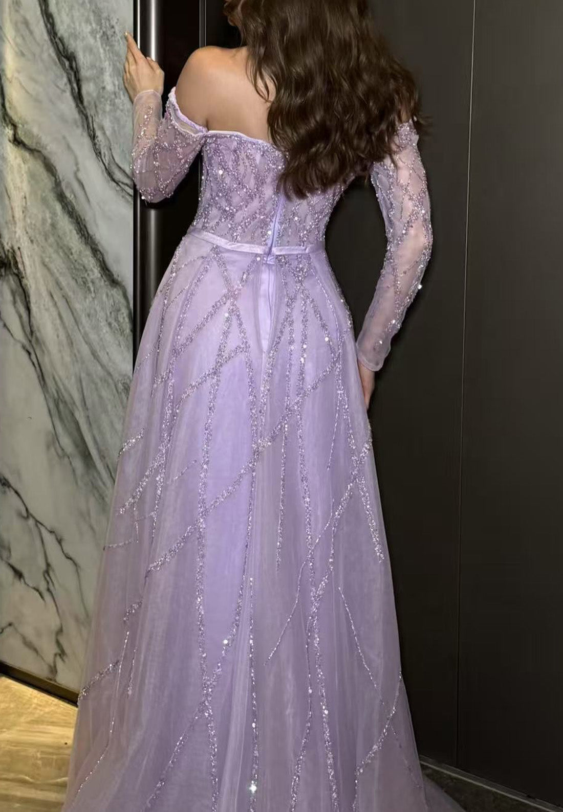 Off-Shoulder Long Sleeves Beaded Embroidery Sheath Prom Dress
