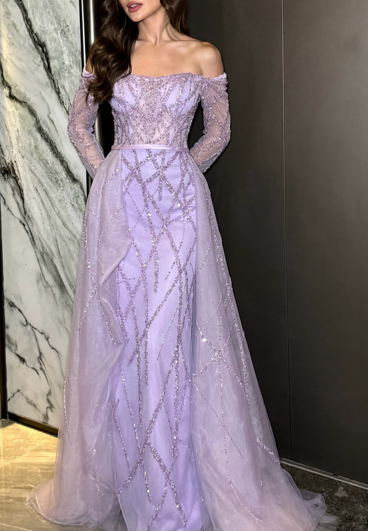 Off-Shoulder Long Sleeves Beaded Embroidery Sheath Prom Dress