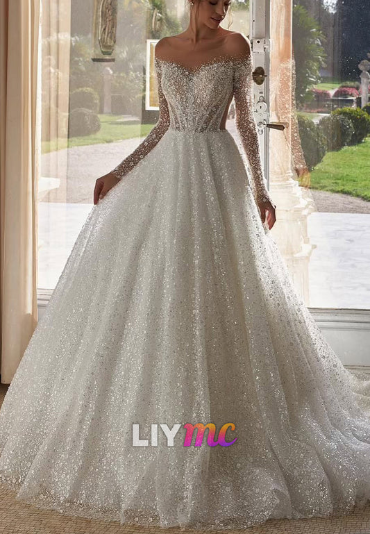 Off-Shoulder Long Sleeves Beaded Embroidery Sparkly Bridal Gown