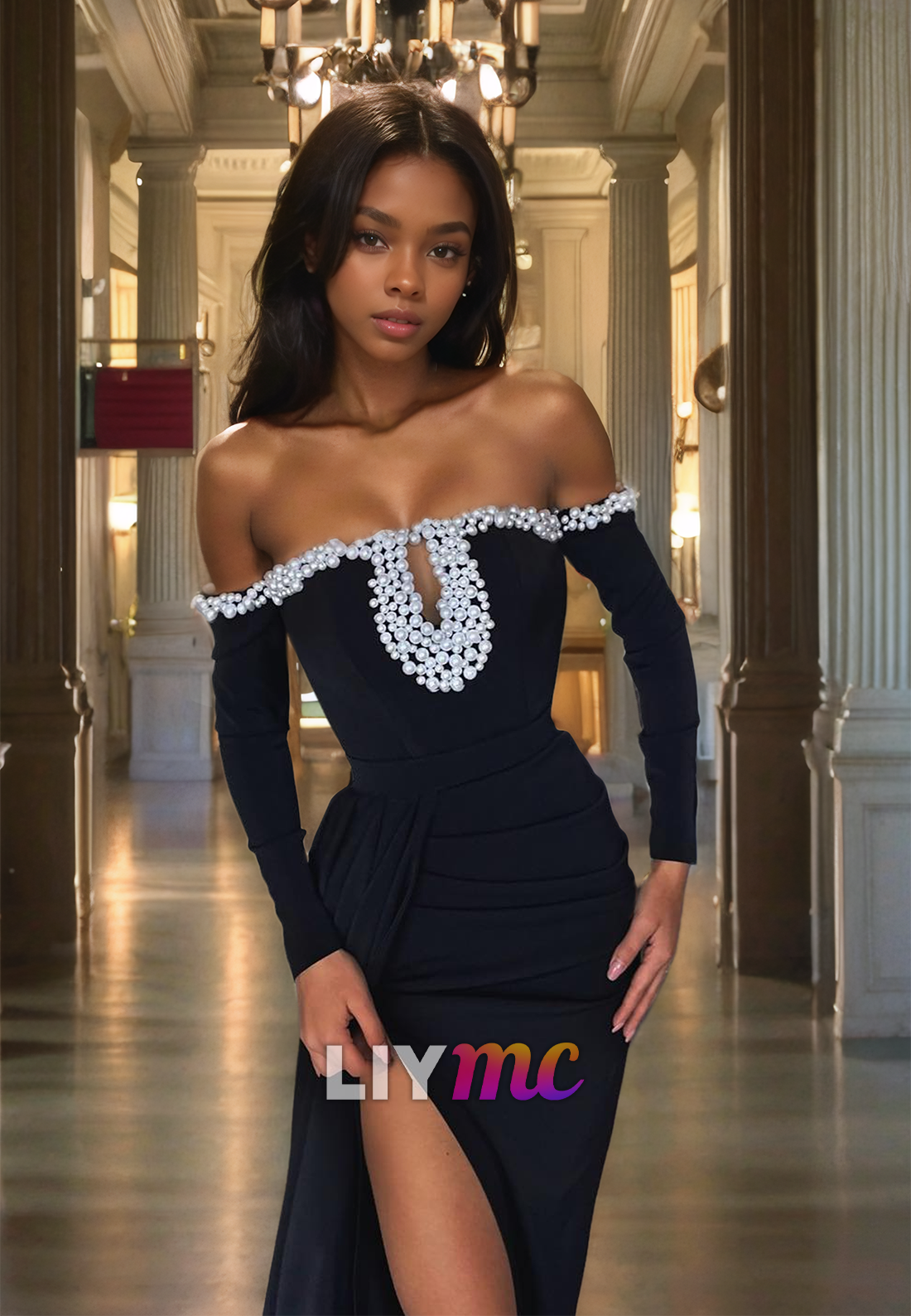 Off-Shoulder Long Sleeves Beaded High Slit Sheath Prom Dress