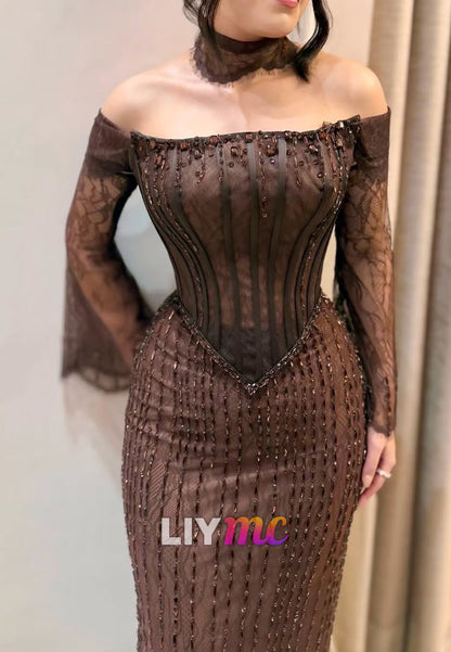 Off-Shoulder Long Sleeves Beaded Lace Appliques Mermaid Evening Dress