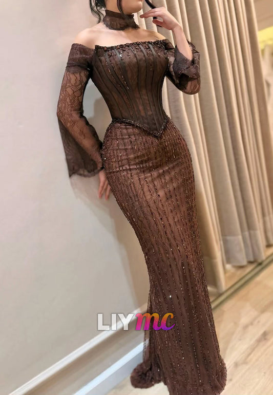 Off-Shoulder Long Sleeves Beaded Lace Appliques Mermaid Evening Dress