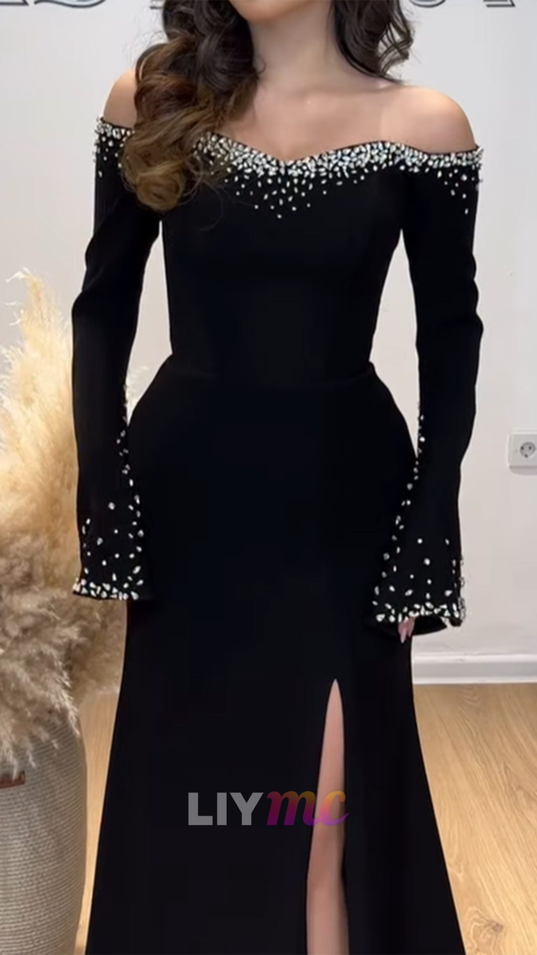 Off-Shoulder Long Sleeves Beaded Mermaid Formal Dress