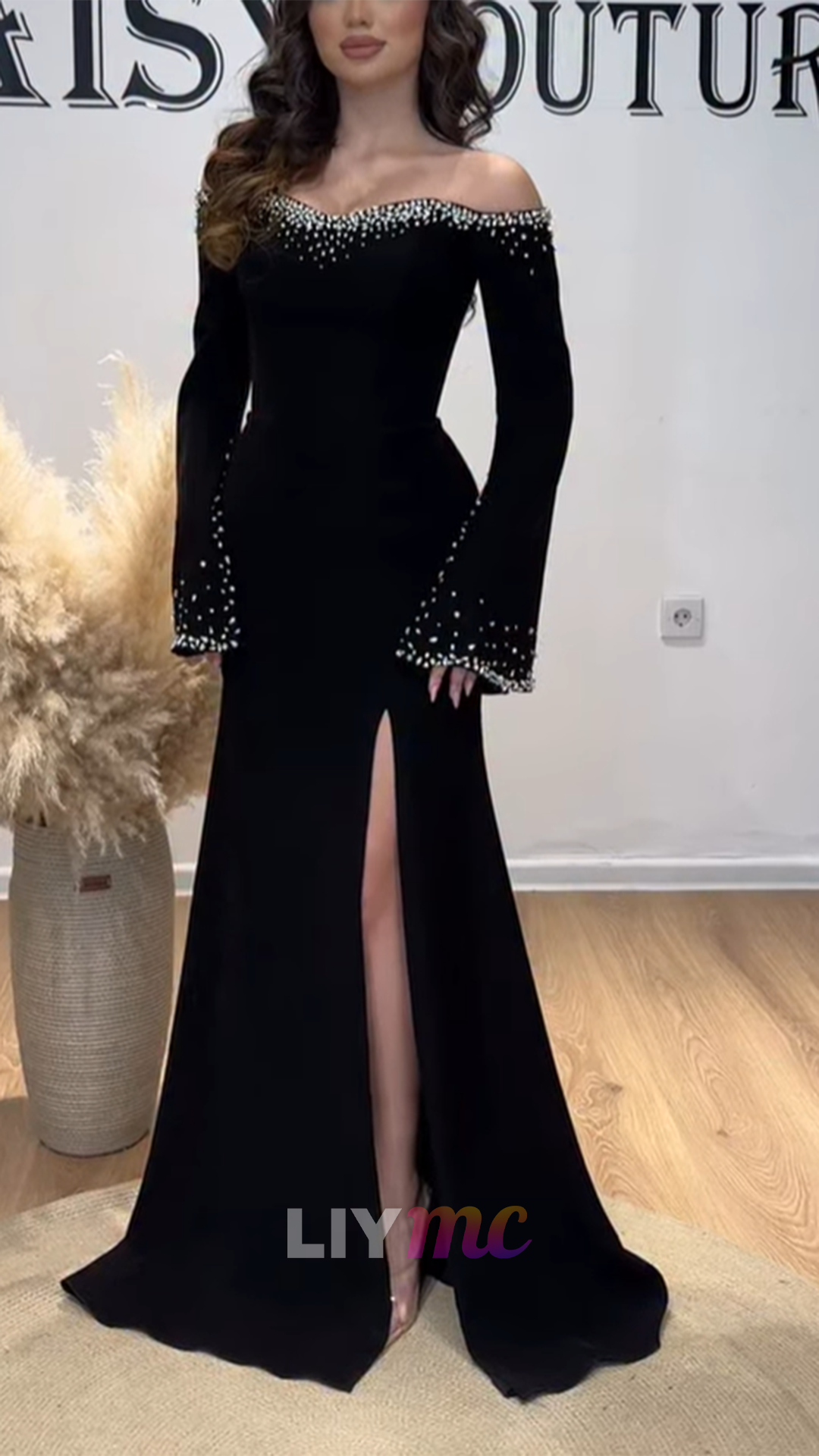 Off-Shoulder Long Sleeves Beaded Mermaid Formal Dress