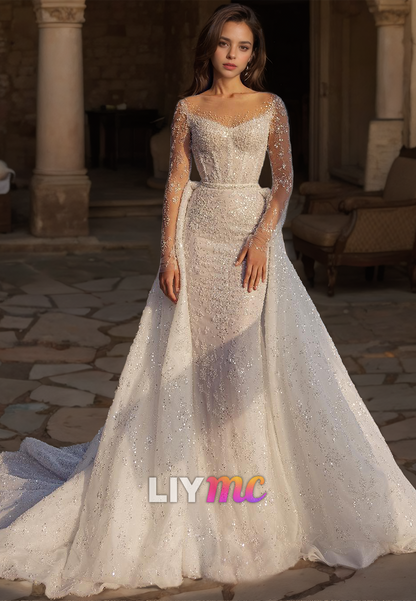 Off-Shoulder Long Sleeves Beaded Mermaid Wedding Dress Liymc Off-Shoulder Long Sleeves Beaded Mermaid Wedding Dress Liymc