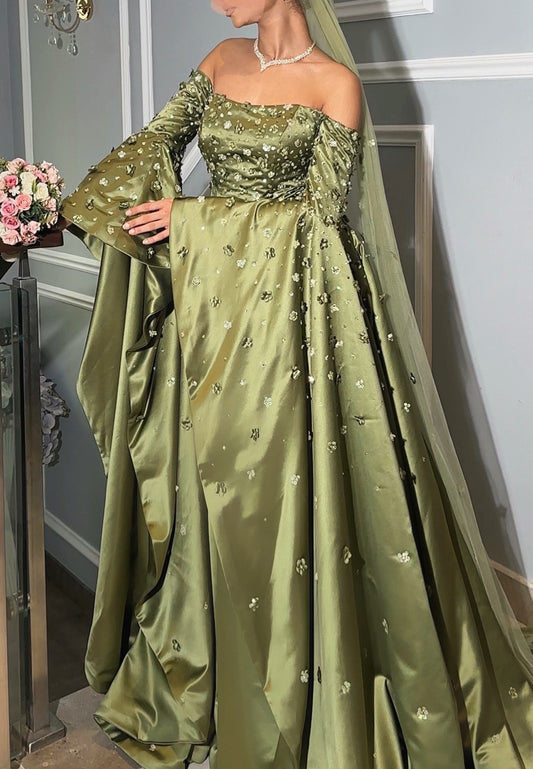 Off-Shoulder Long Sleeves Beaded Pleated A-Line Evening Dress