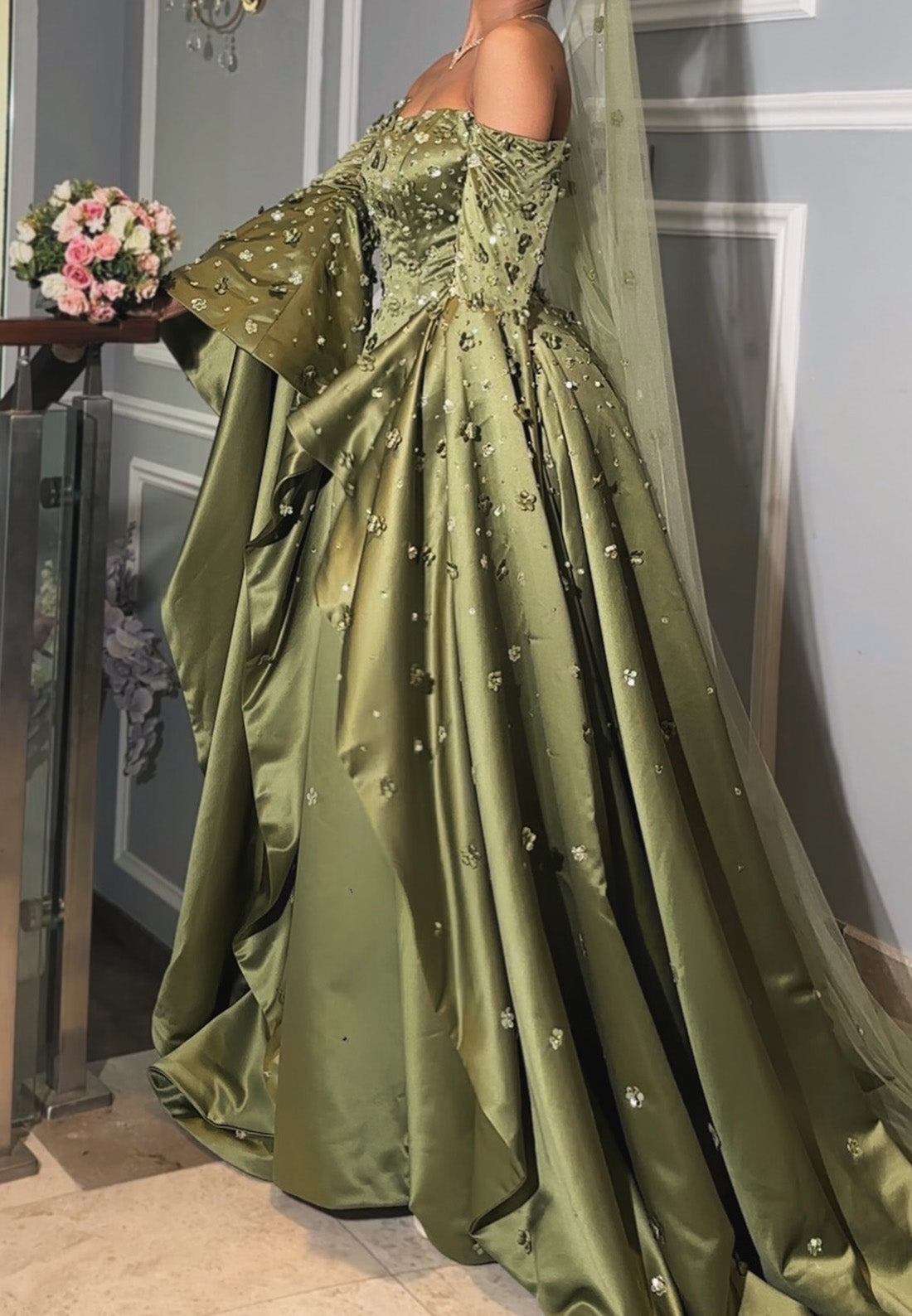 Off-Shoulder Long Sleeves Beaded Pleated A-Line Evening Dress