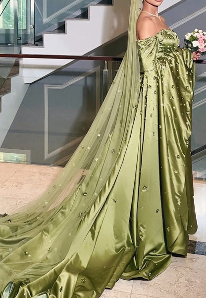 Off-Shoulder Long Sleeves Beaded Pleated A-Line Evening Dress