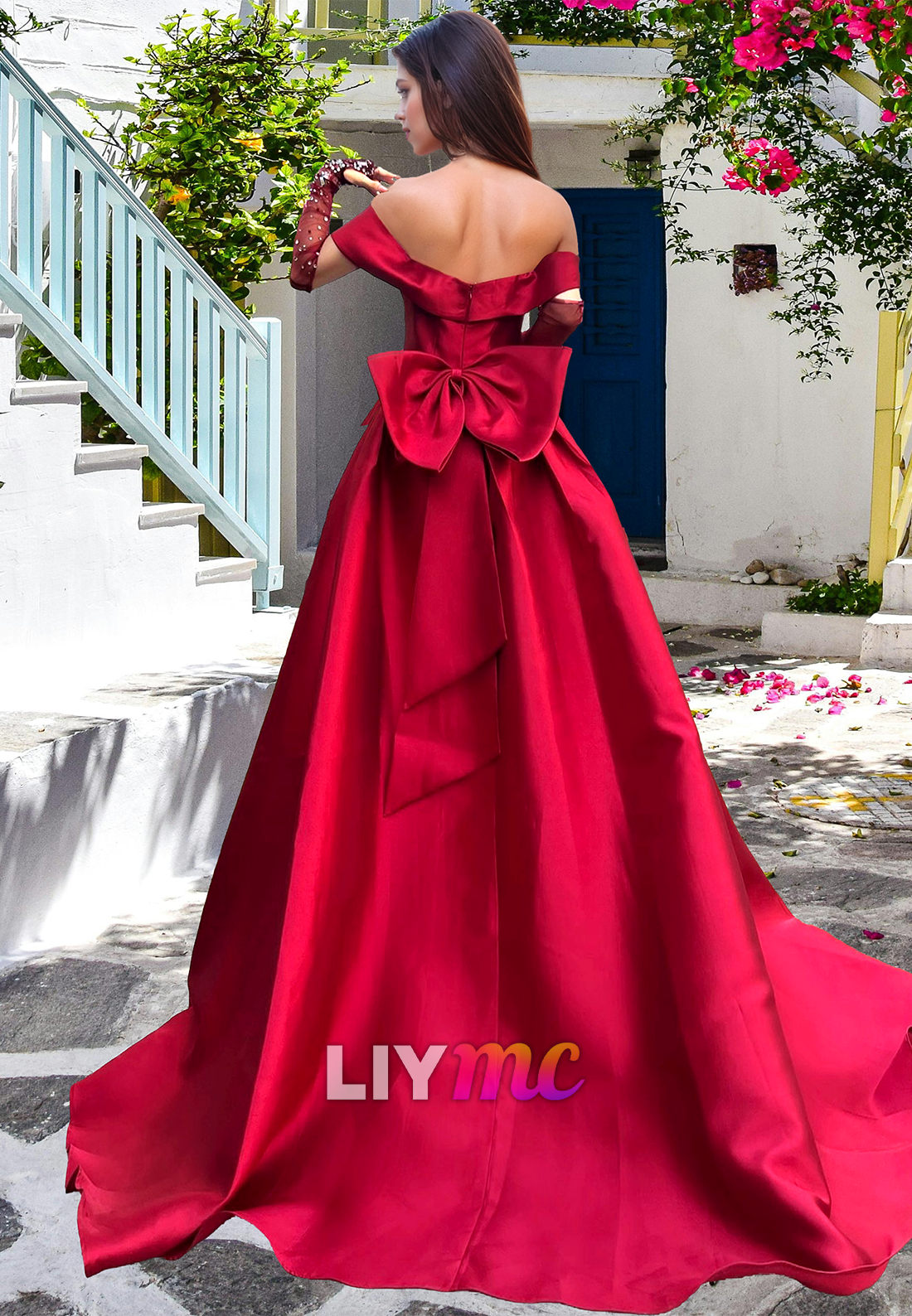 Off-Shoulder Long Sleeves Beaded Pleated A-Line Prom Dress