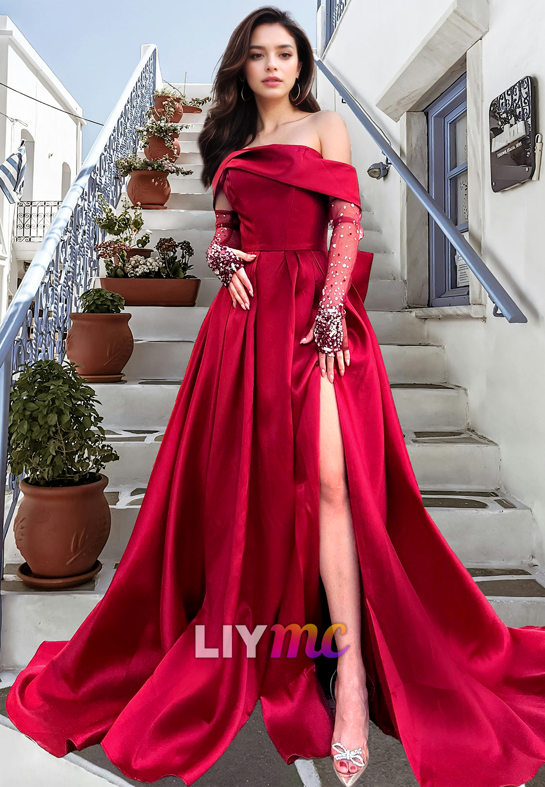 Off-Shoulder Long Sleeves Beaded Pleated A-Line Prom Dress