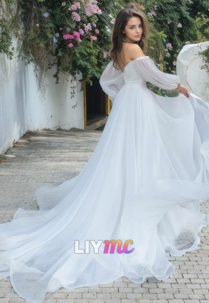 Off-Shoulder Long Sleeves Chiffon A-Lien Beach Wedding Dress