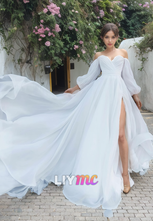 Off-Shoulder Long Sleeves Chiffon A-Lien Beach Wedding Dress