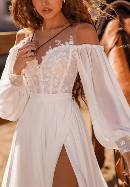 Off-Shoulder Long Sleeves Chiffon Appliques A-Line Wedding Dress