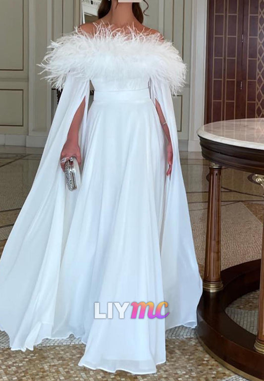 Off-Shoulder Long Sleeves Feathered A-Line Evening Dress