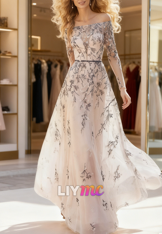 Off-Shoulder Long Sleeves Floral Embellished A-Line Mother of Bride Dress