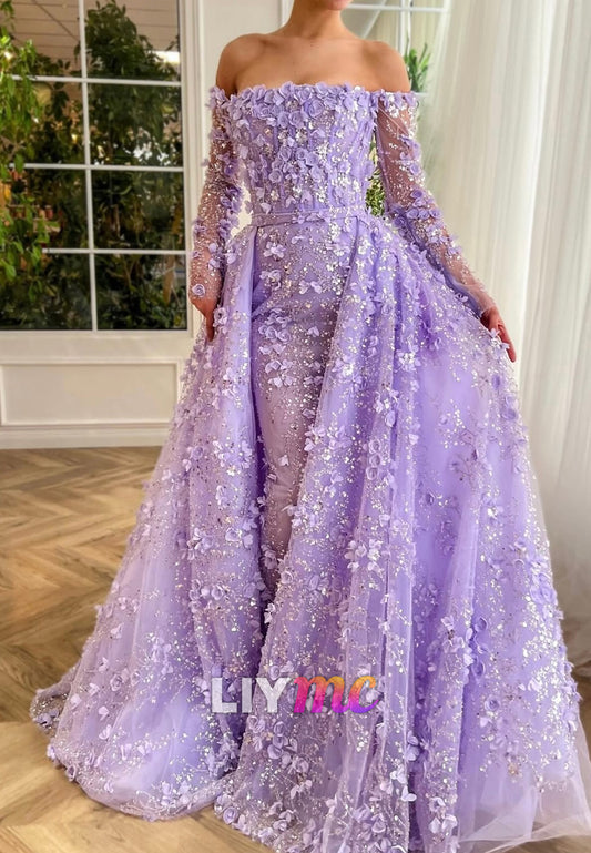 Off-Shoulder Long Sleeves Floral Embellished Mermaid Prom Dress