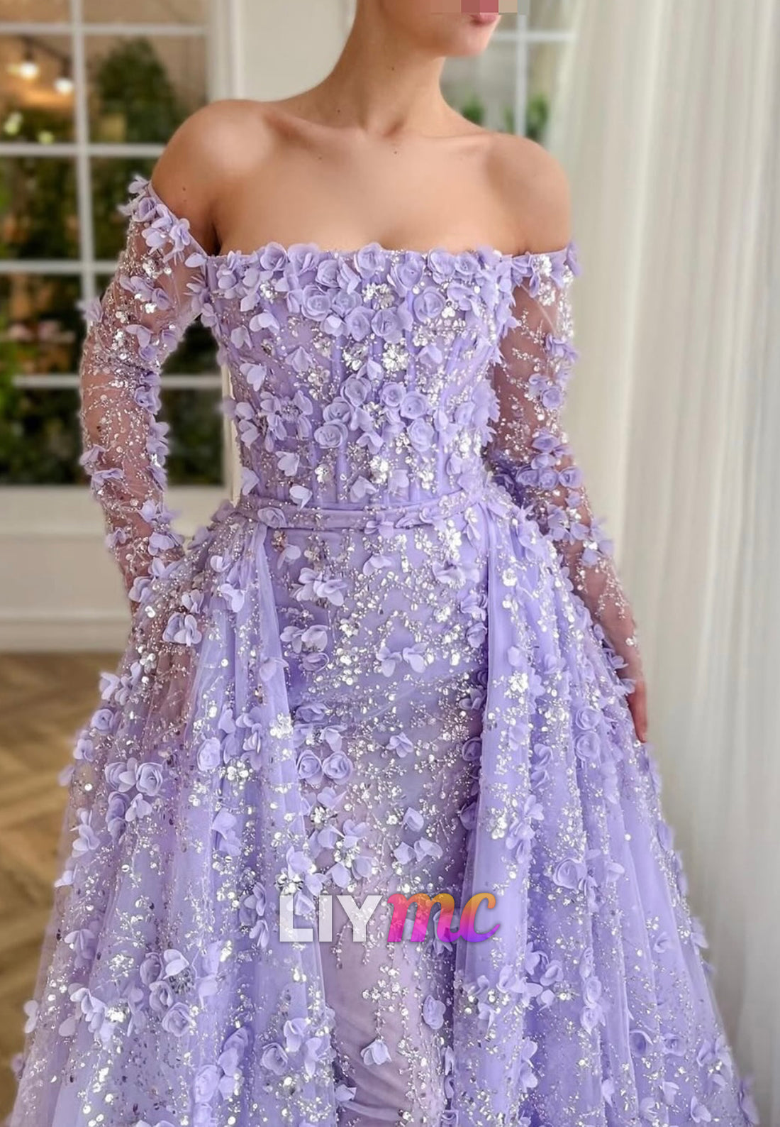 Off-Shoulder Long Sleeves Floral Embellished Mermaid Prom Dress