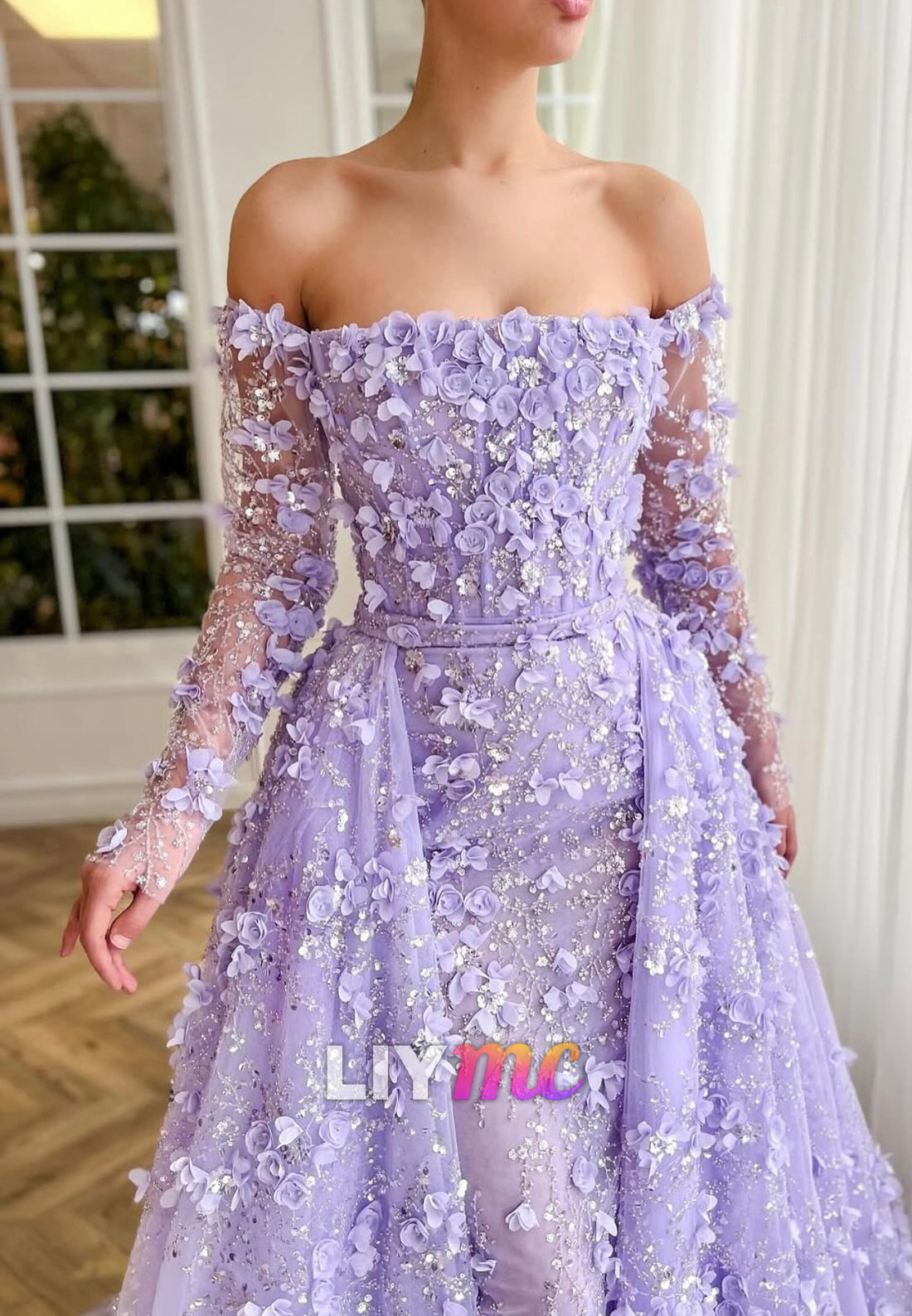 Off-Shoulder Long Sleeves Floral Embellished Mermaid Prom Dress