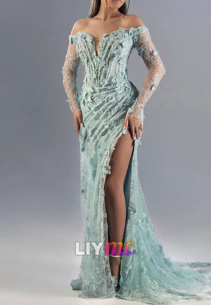 Off-Shoulder Long Sleeves Floral Embellished Sheath Prom Dress